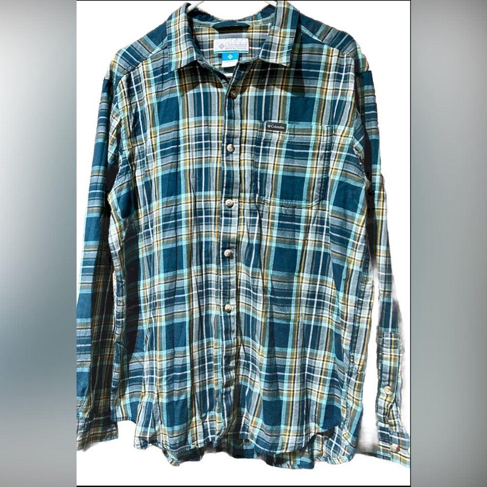 Columbia Men’s Long Sleeve Shirt Size Large Blue Green Plaid Collared Button Up